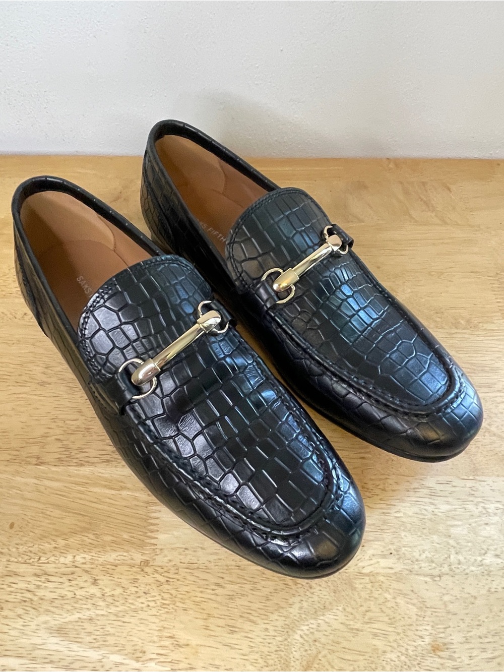 Saks Fifth Avenue Mens Ferrara Black Leather Croc Embossed Bit Loafers Size 7.5